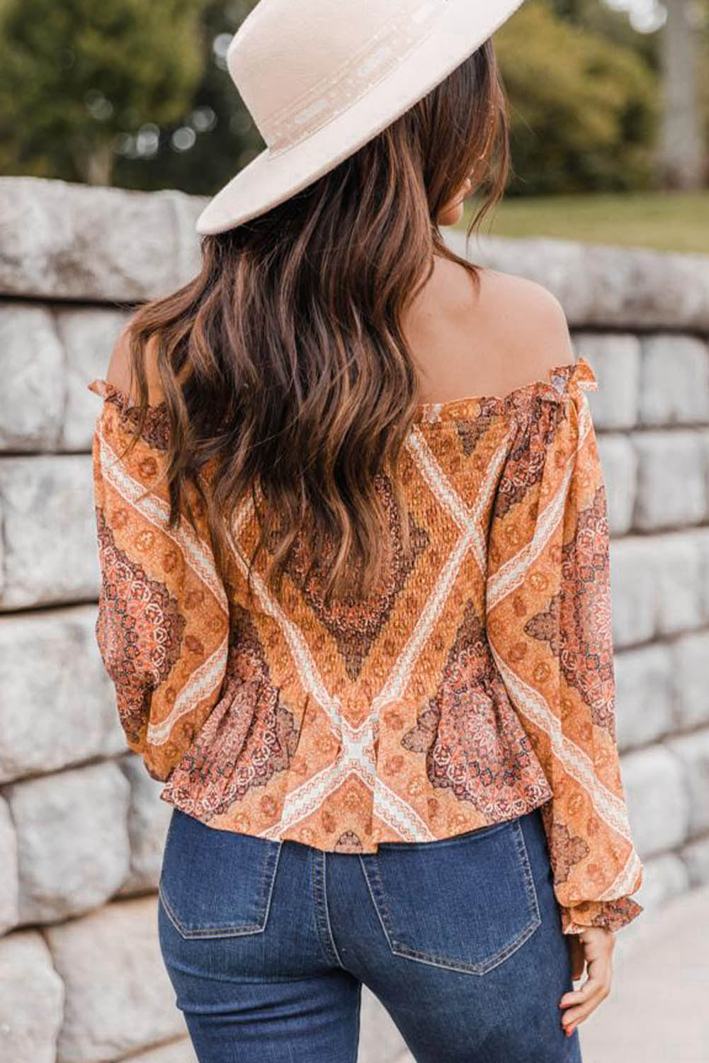 Orange Printed Ruffled Smocked Off Shoulder Blouse