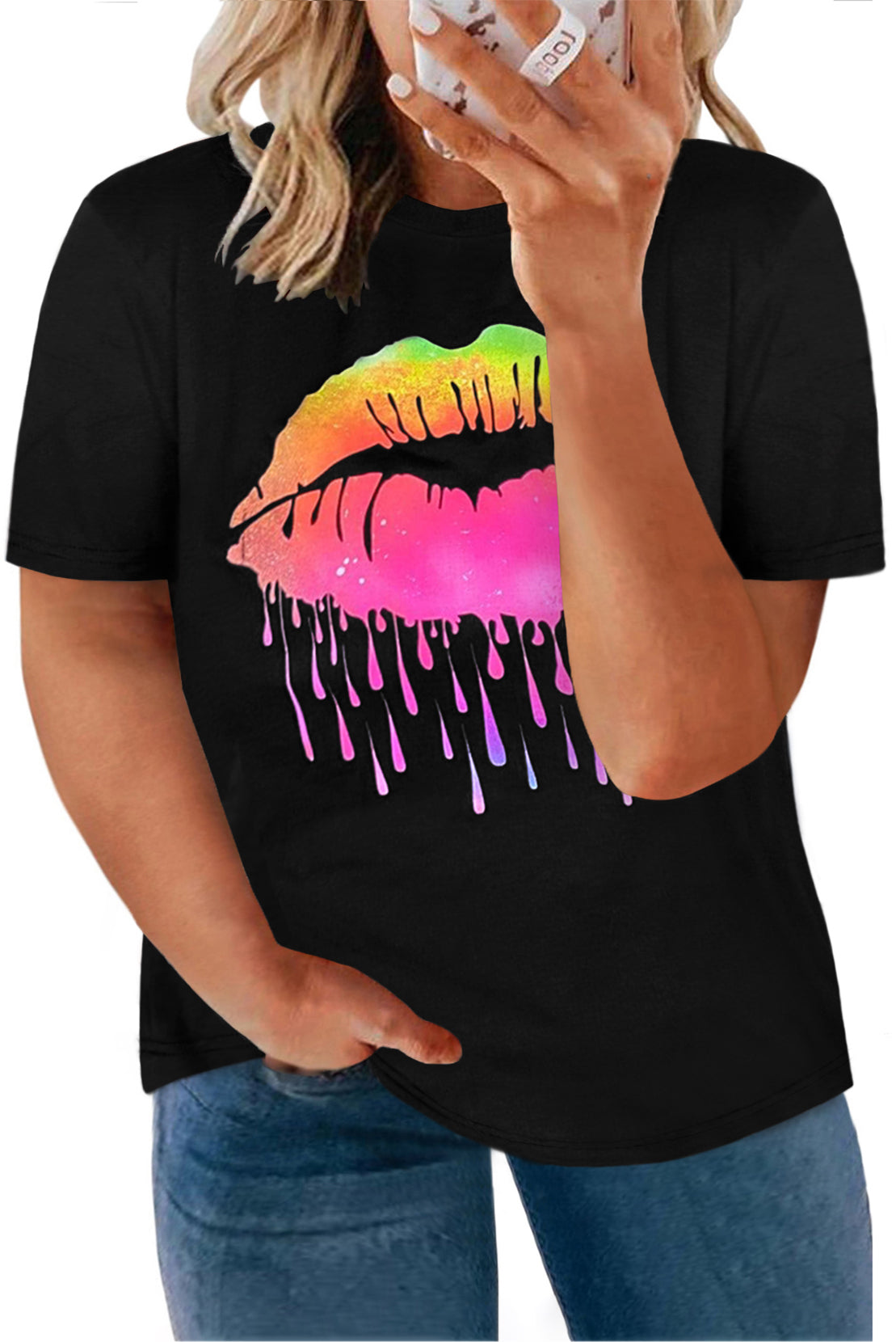 Black Black Neon Lips Graphic Plus Size T-shirt