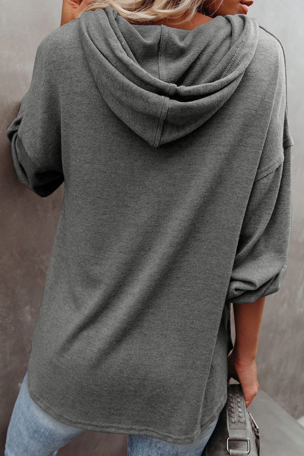 Grey Buttoned High and Low Hem Hoodie