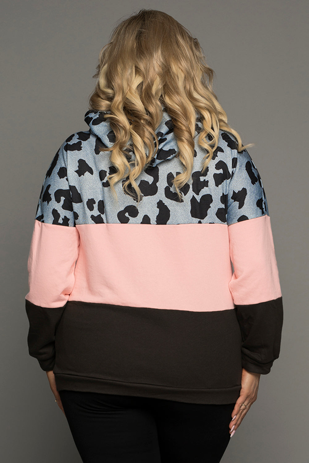 Pink Plus Size Leopard Color block Hoodie with Pocket