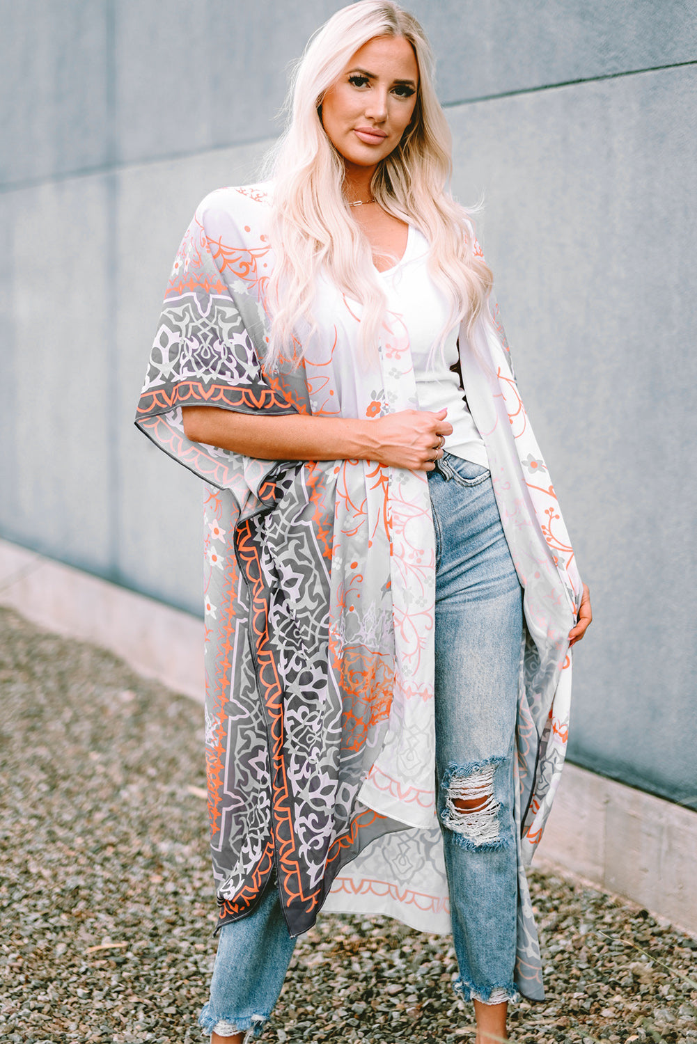 Grey Mandala Fashion Print Half Sleeve Kimono