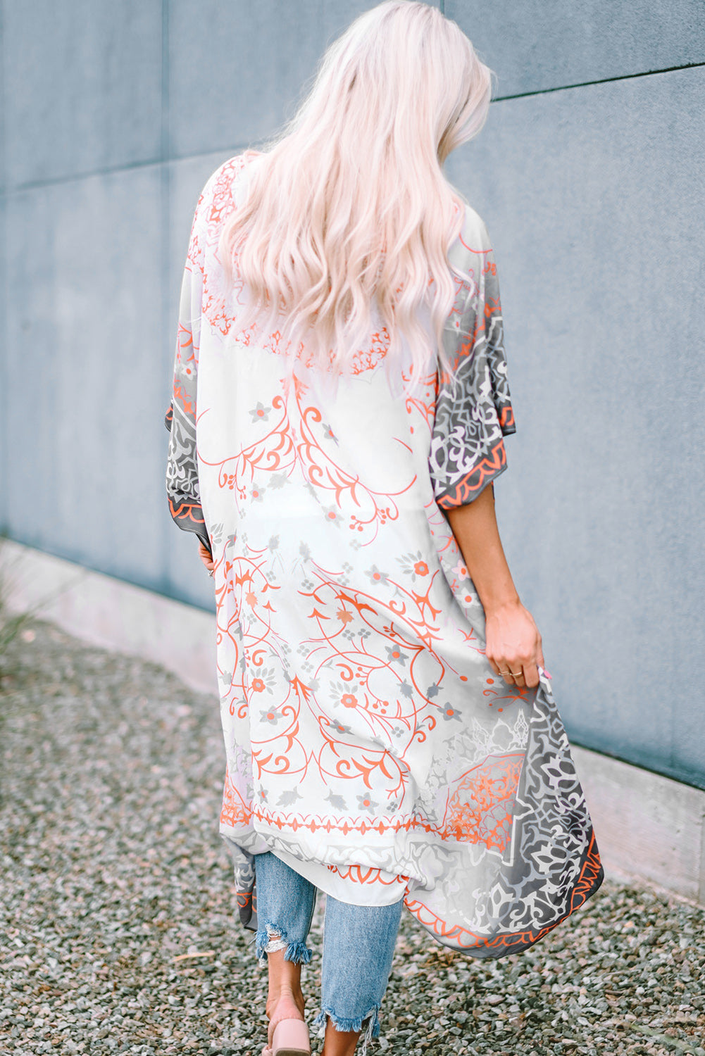 Grey Mandala Fashion Print Half Sleeve Kimono