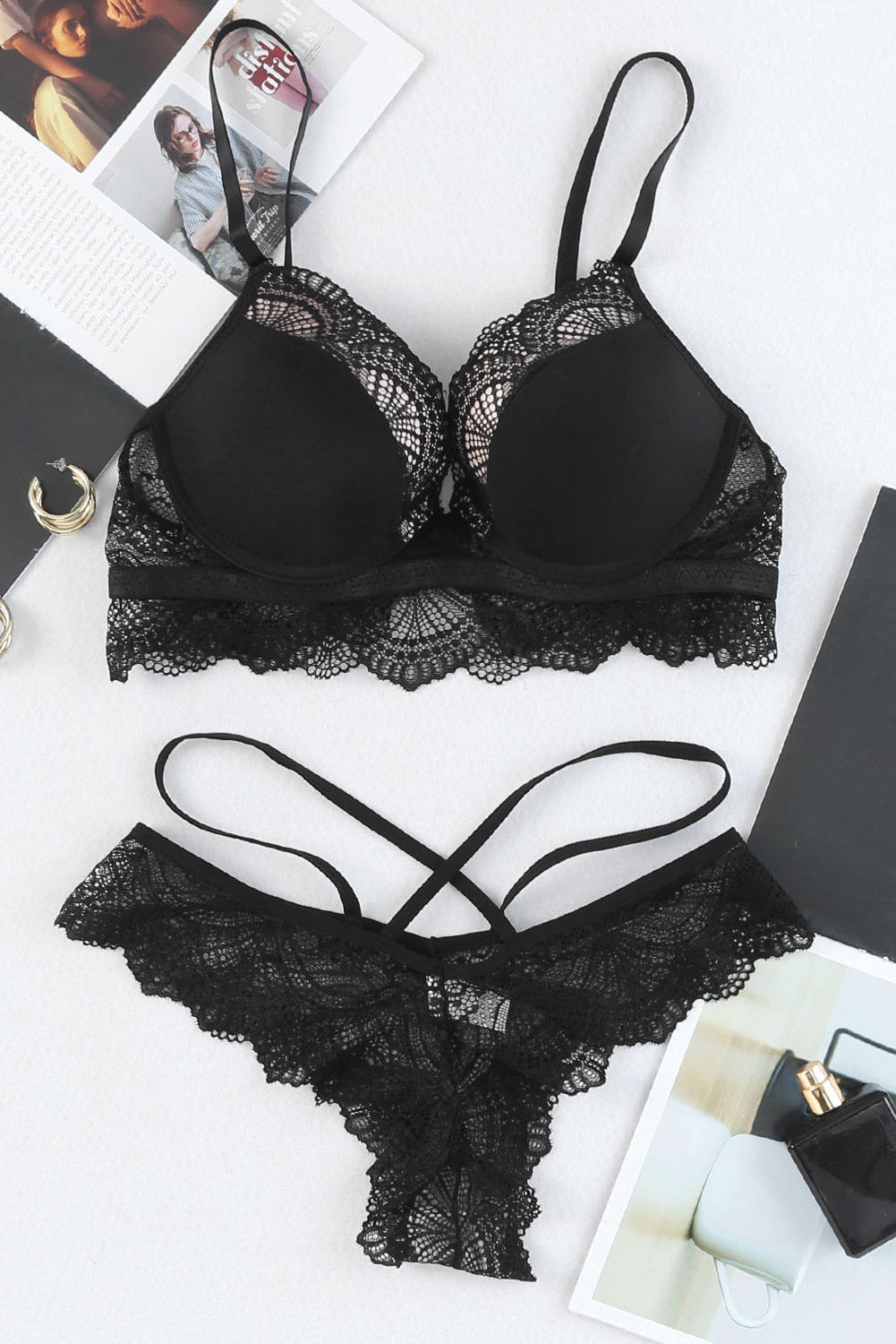 Black Lace Crochet Criss Cross Two Piece Lingerie Set