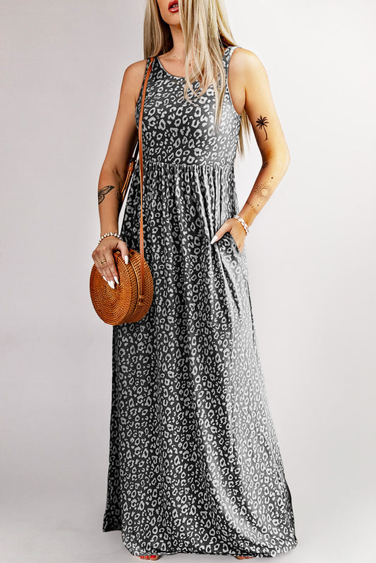 Grey Leopard Print Pocketed Sleeveless Maxi Dress