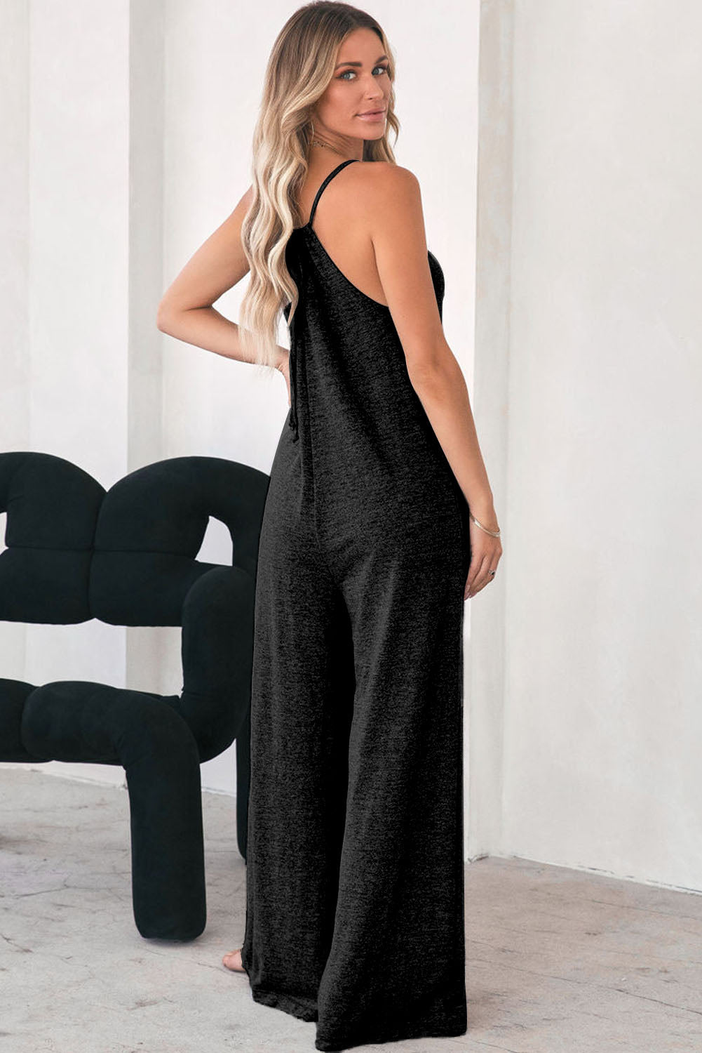 Black Loose Fit Side Pockets Spaghetti Strap Wide Leg Jumpsuit