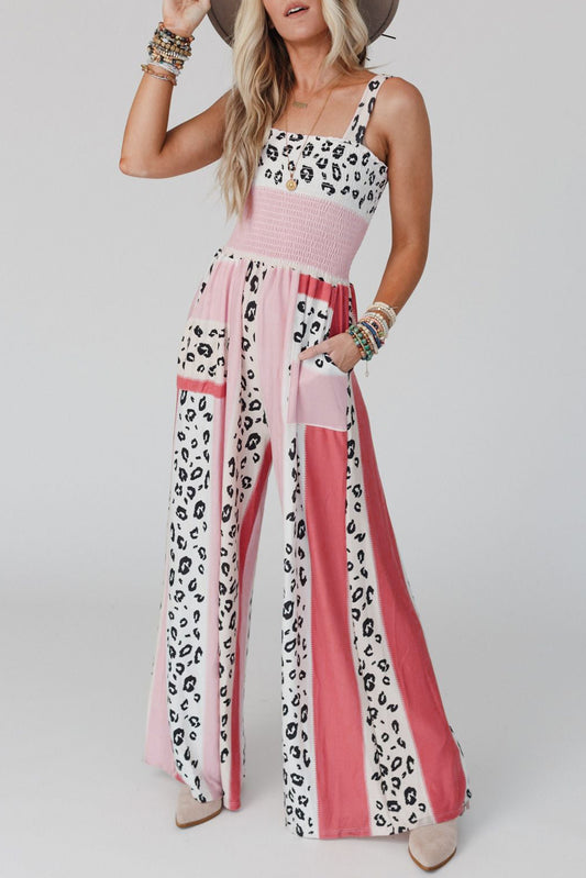 Leopard Color Block Mix Print Pocketed Jumpsuit