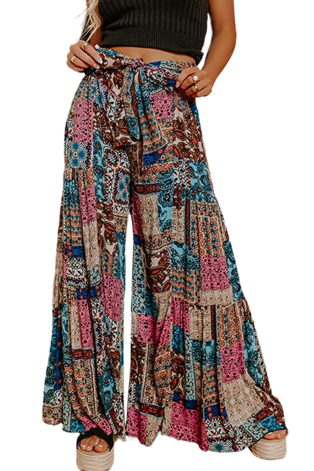 Multicolor Boho Paisley Mixed Print High Waist Pants