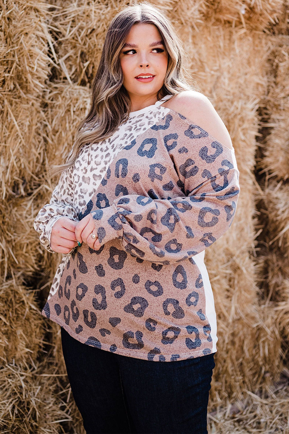 Leopard Plus Size Leopard Color Block Asymmetrical Cold Shoulder Top