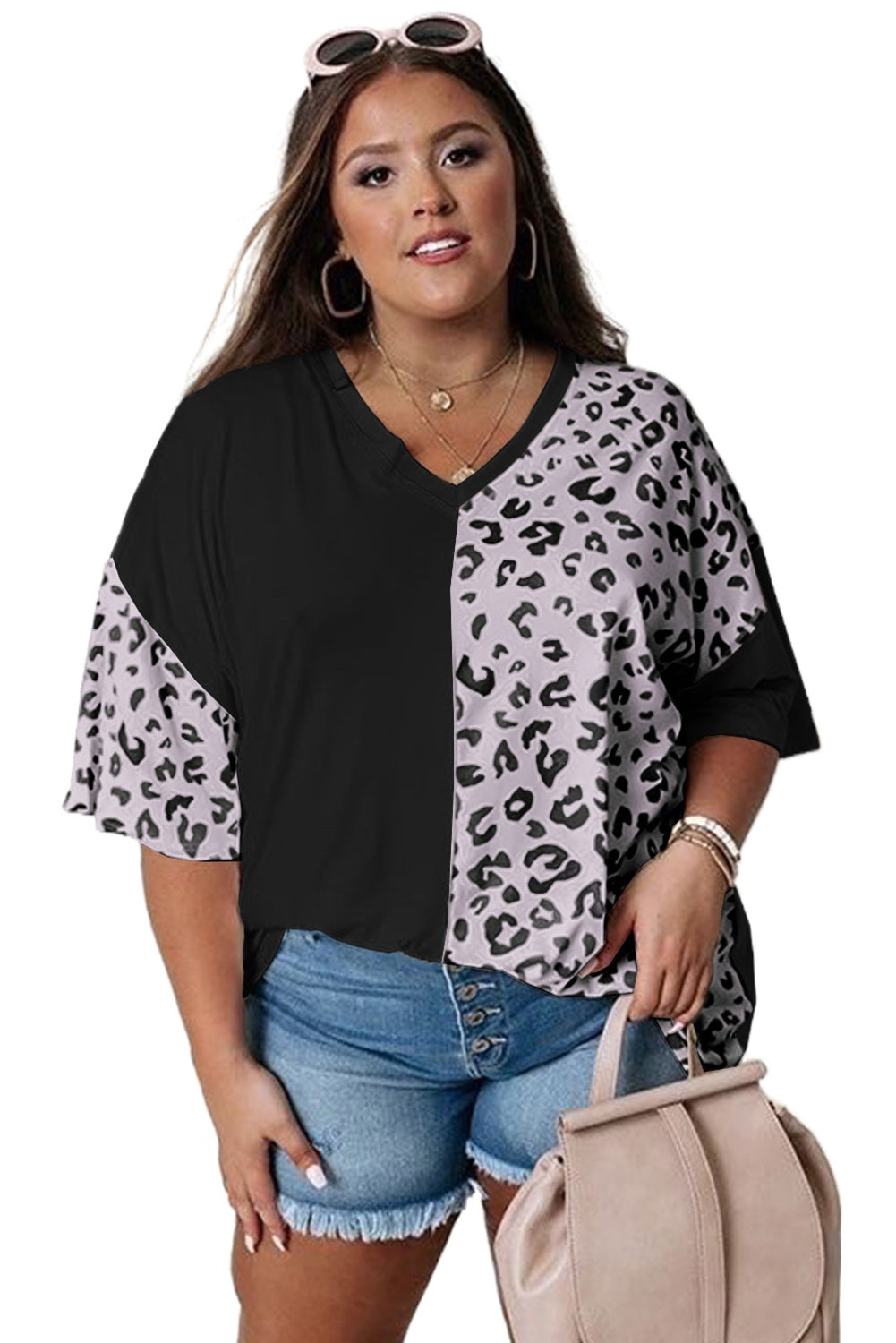 Black Plus Size Leopard Patchwork Short Sleeve Top