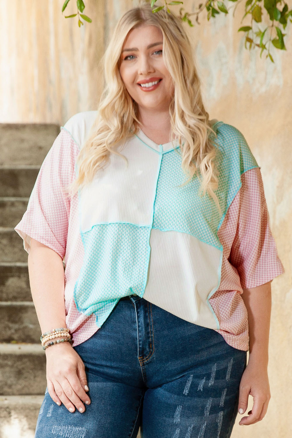 Sky Blue Plus Size Color Block Out-seam Knit Top